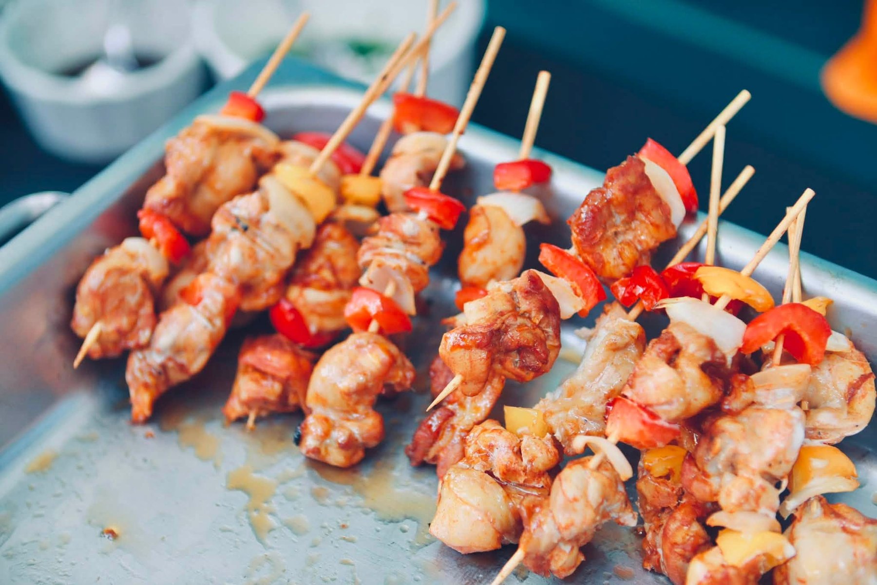 Freshly grilled chicken and vegetable skewers