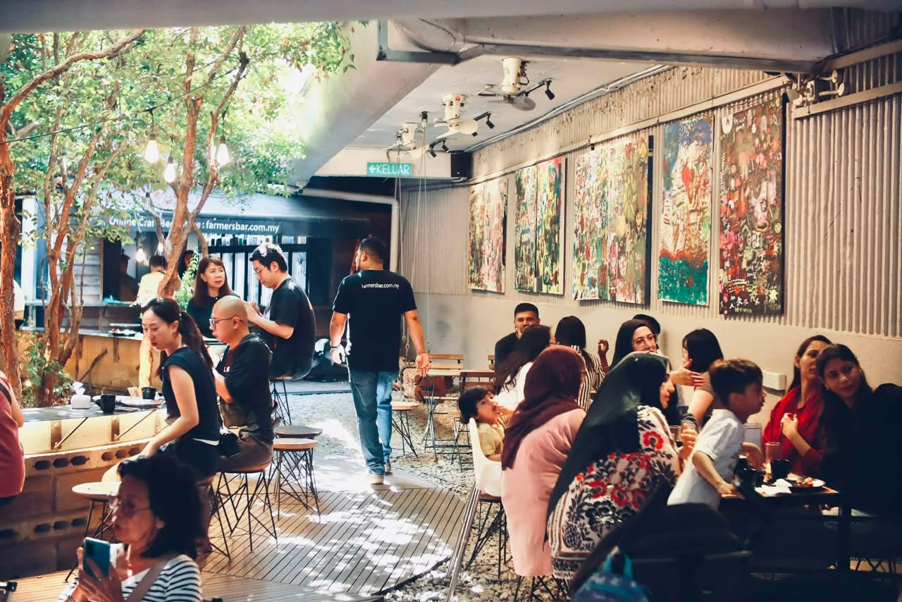 Families dining in the covered garden area